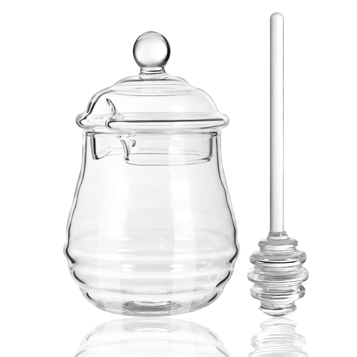 Clear Honey Jar with Dipper and Lid, 8.4 Oz Borosilicate Glass Beehive Honey Pot Container, Stylish Honey Dispenser for Home Kitchen, Store Honey, Syrup, and More