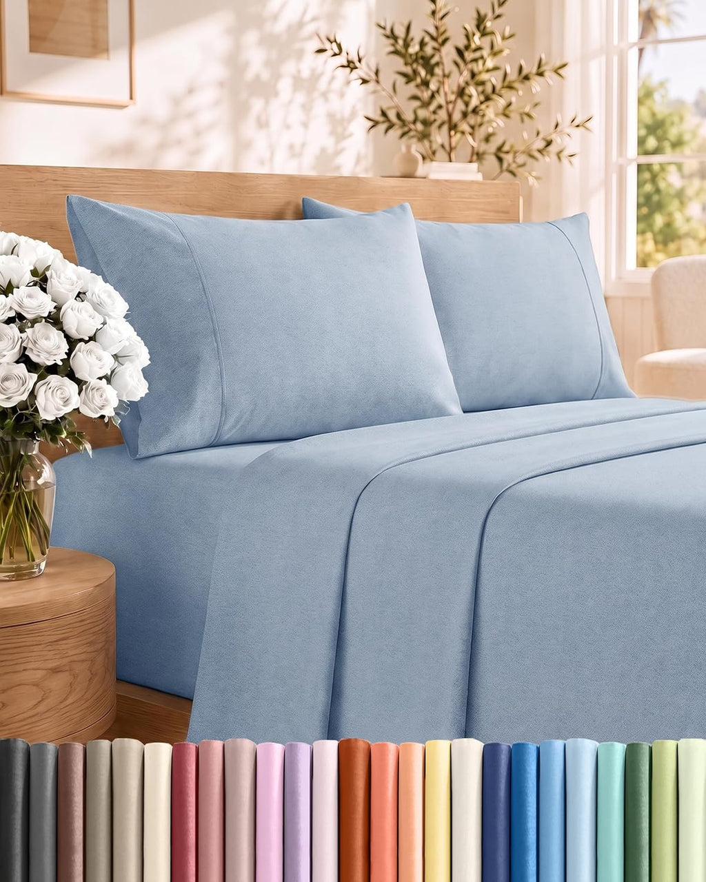 Queen Size 4 Piece Sheet Set - Breathable & Cooling Sheets - Heathered Blue