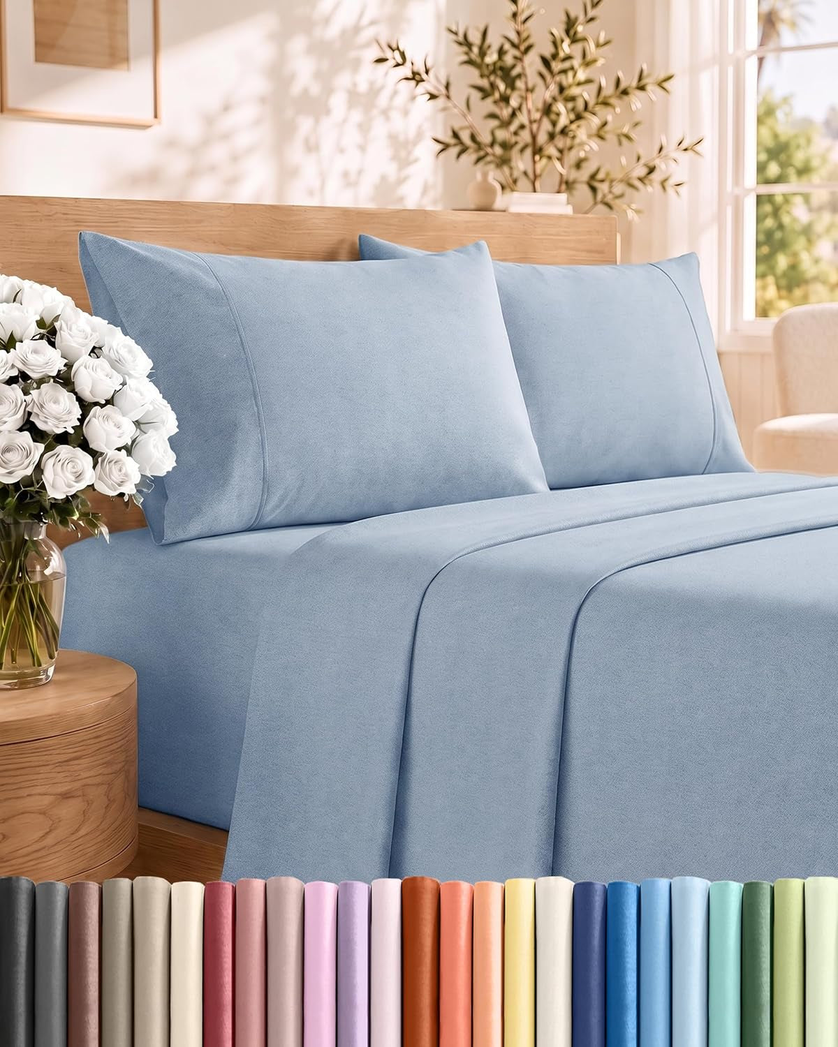 Queen Size 4 Piece Sheet Set - Breathable & Cooling Sheets - Heathered Blue