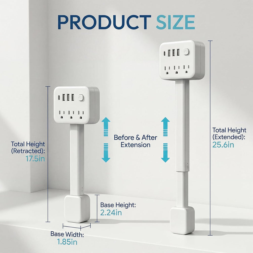 Outlet Extender Stick, 17.5-25.6In, 3 AC Outlets, USB-C, 180° Rotating Plug