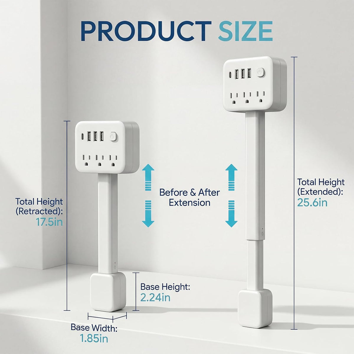 Outlet Extender Stick, 17.5-25.6In, 3 AC Outlets, USB-C, 180° Rotating Plug