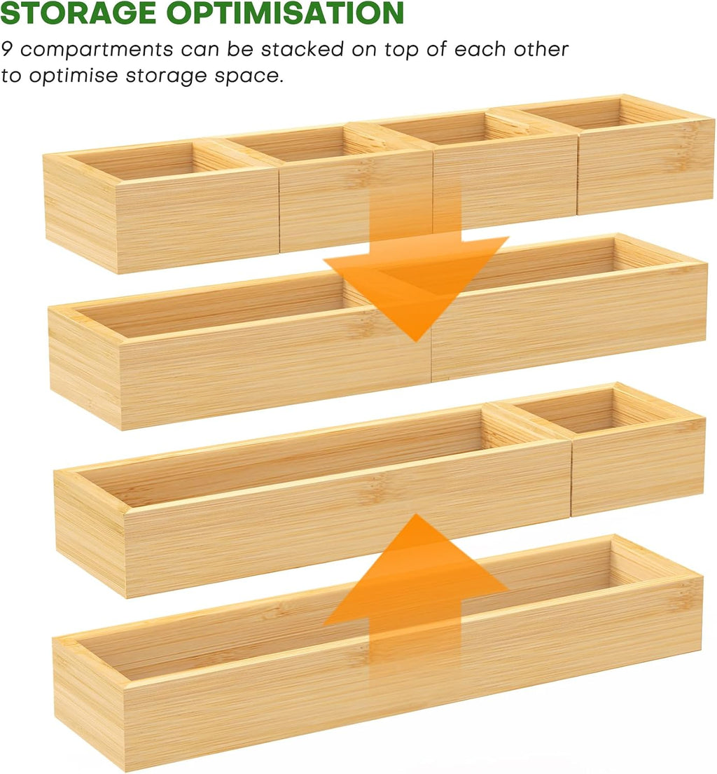 Bamboo Drawer Organizer Set, 9 PCS Wood Storage Organizers