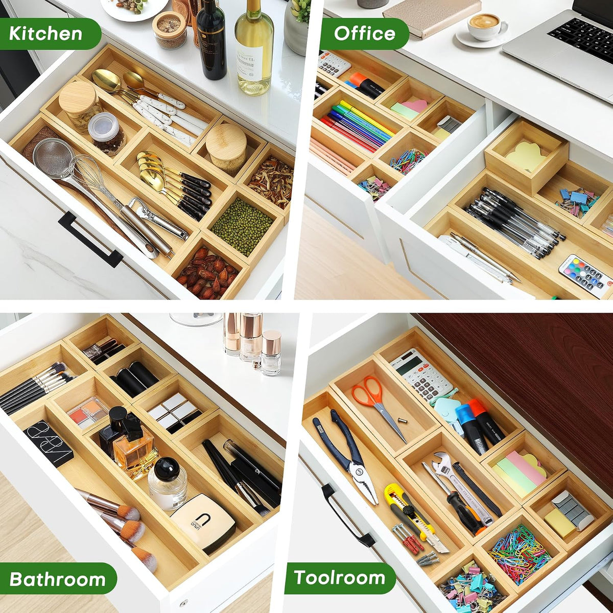 Bamboo Drawer Organizer Set, 9 PCS Wood Storage Organizers