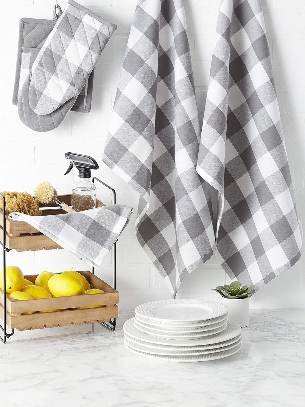 Gray & White Buffalo Check Oven Mitts, Set of 2, 100% Cotton, 13X6 Inch