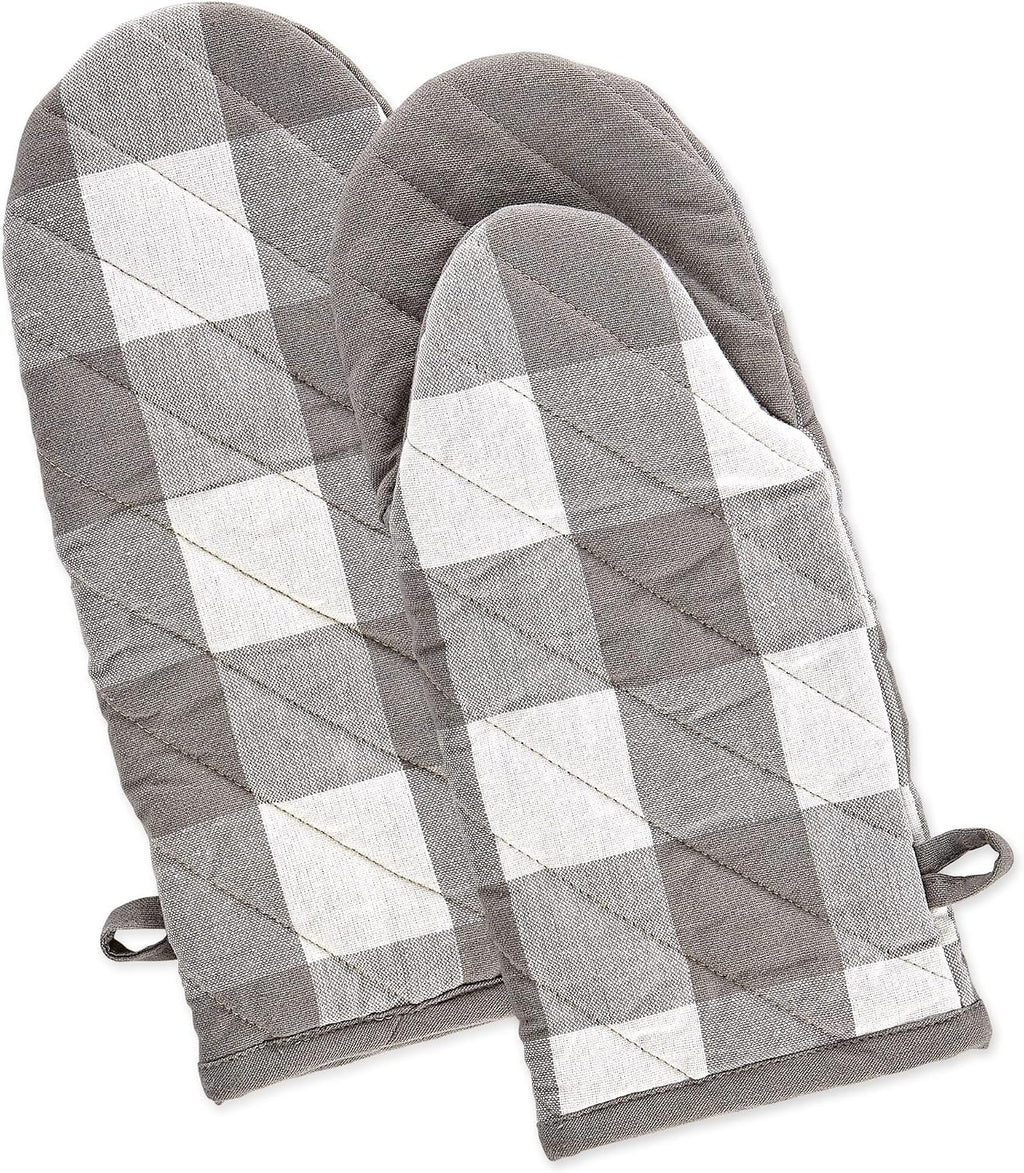 Gray & White Buffalo Check Oven Mitts, Set of 2, 100% Cotton, 13X6 Inch