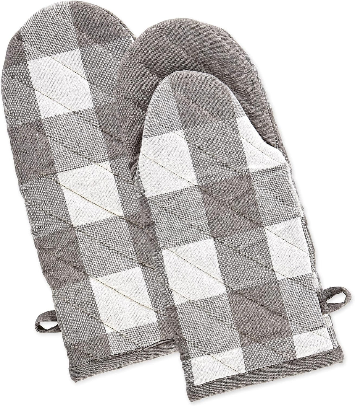 Gray & White Buffalo Check Oven Mitts, Set of 2, 100% Cotton, 13X6 Inch