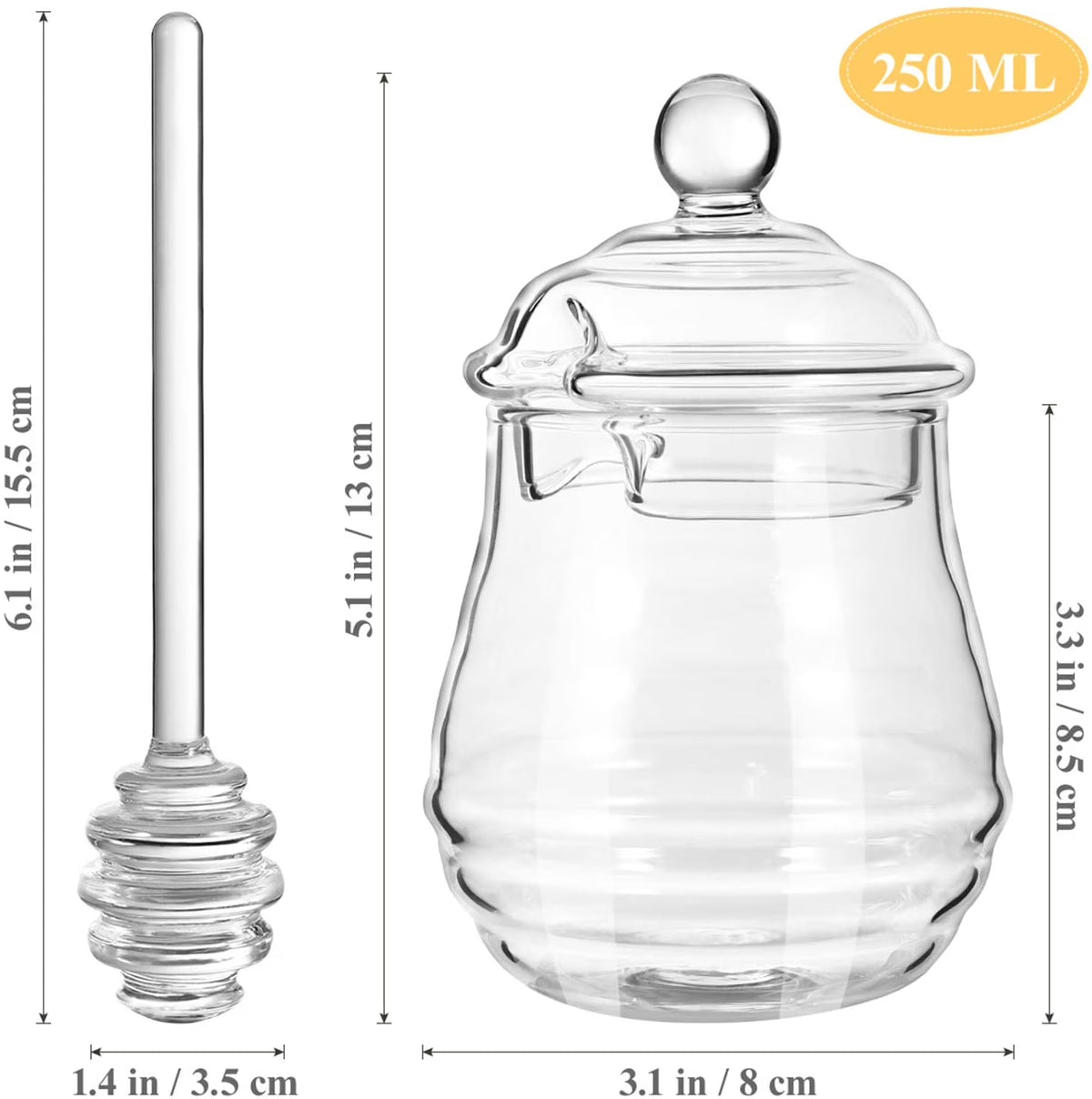 Clear Honey Jar with Dipper and Lid, 8.4 Oz Borosilicate Glass Beehive Honey Pot Container, Stylish Honey Dispenser for Home Kitchen, Store Honey, Syrup, and More