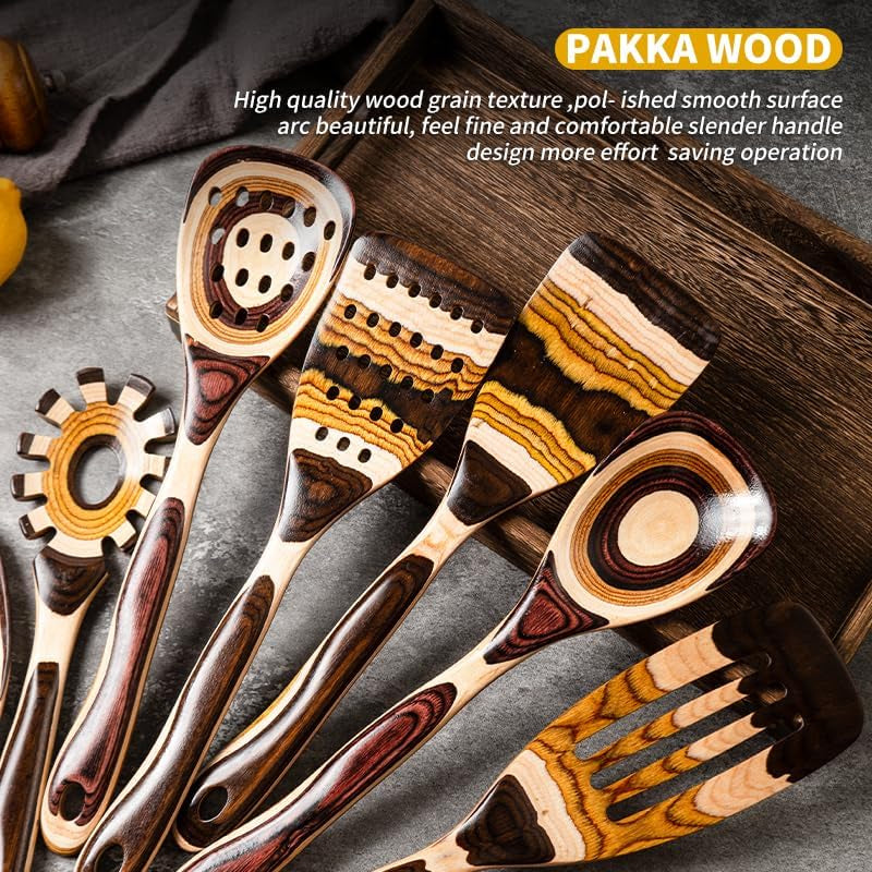 7-Piece Brown Pakkawood Utensils Set – Sturdy, Eco-Friendly, Wooden Spoons for Cooking, Wooden Utensil for Cooking, Wooden Kitchen Tool, Home & Kitchen Gifts for Men and Women