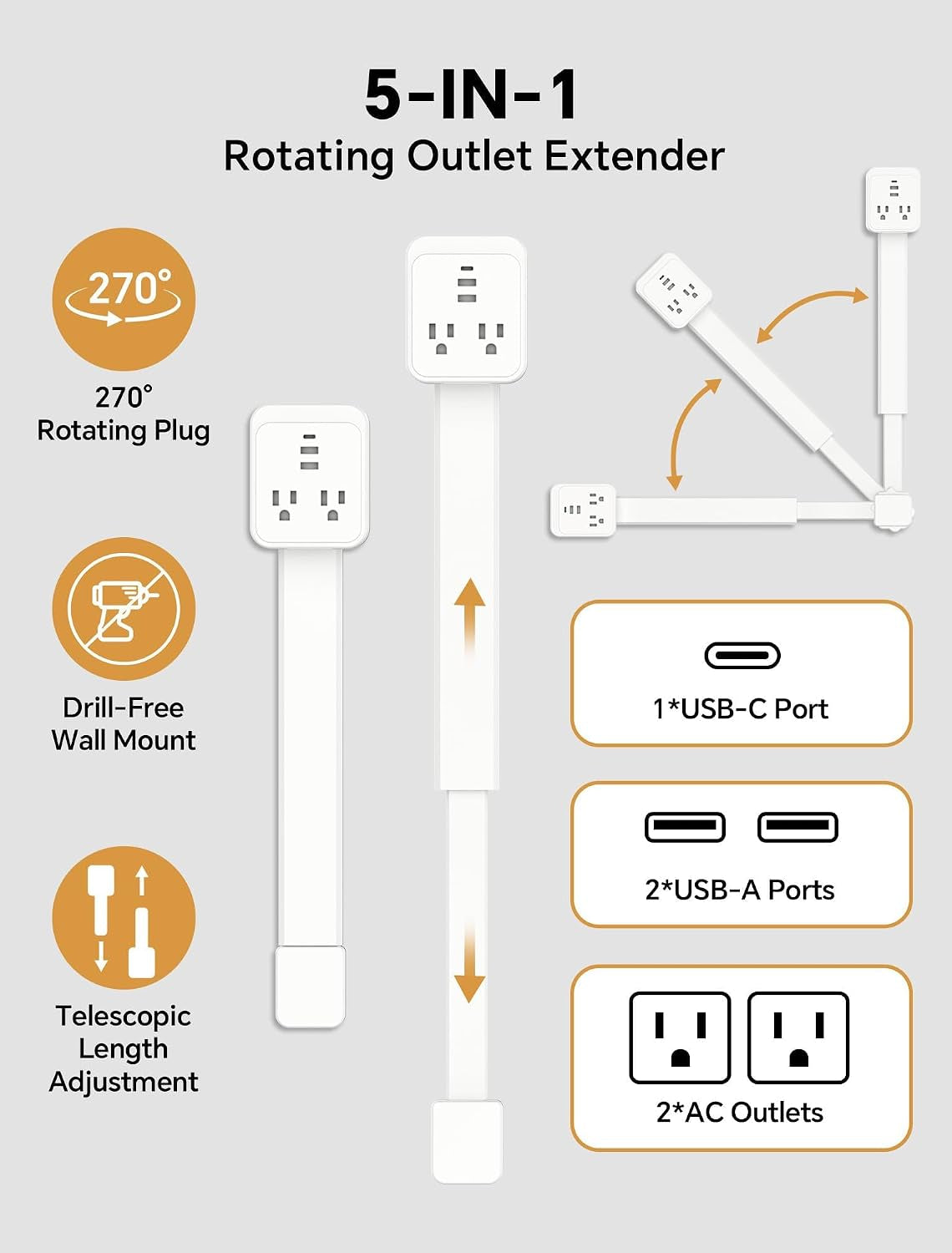 Outlet Extender Stick 17.2''–25.8'' Adjustable with USB C & 2 USB Ports, Electrical Outlet Extender with 2 AC Outlets, Flexible Rotat Plug for Multi-Angle Use in Home, Office, RV Tight Spaces