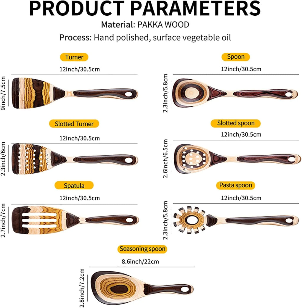 7-Piece Brown Pakkawood Utensils Set – Sturdy, Eco-Friendly, Wooden Spoons for Cooking, Wooden Utensil for Cooking, Wooden Kitchen Tool, Home & Kitchen Gifts for Men and Women
