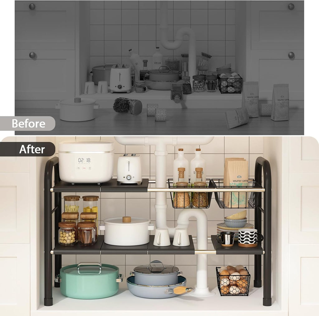 Expandable under Sink Organizer, 2 Tier under Sink Shelf