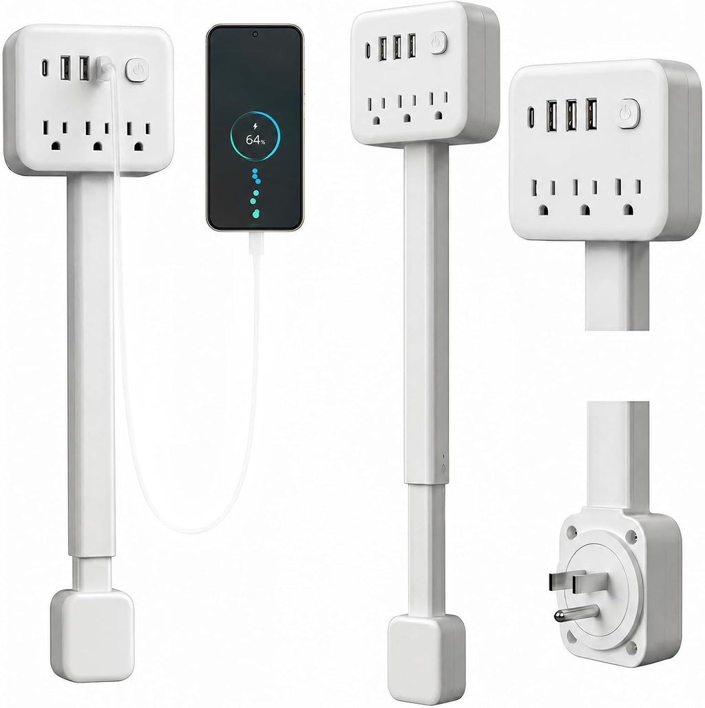 Outlet Extender Stick, 17.5-25.6In, 3 AC Outlets, USB-C, 180° Rotating Plug