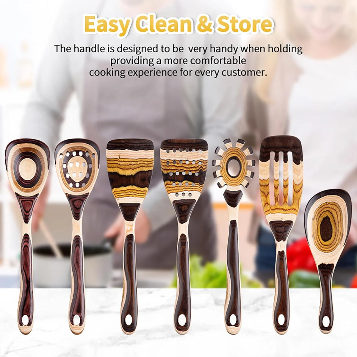 7-Piece Brown Pakkawood Utensils Set – Sturdy, Eco-Friendly, Wooden Spoons for Cooking, Wooden Utensil for Cooking, Wooden Kitchen Tool, Home & Kitchen Gifts for Men and Women