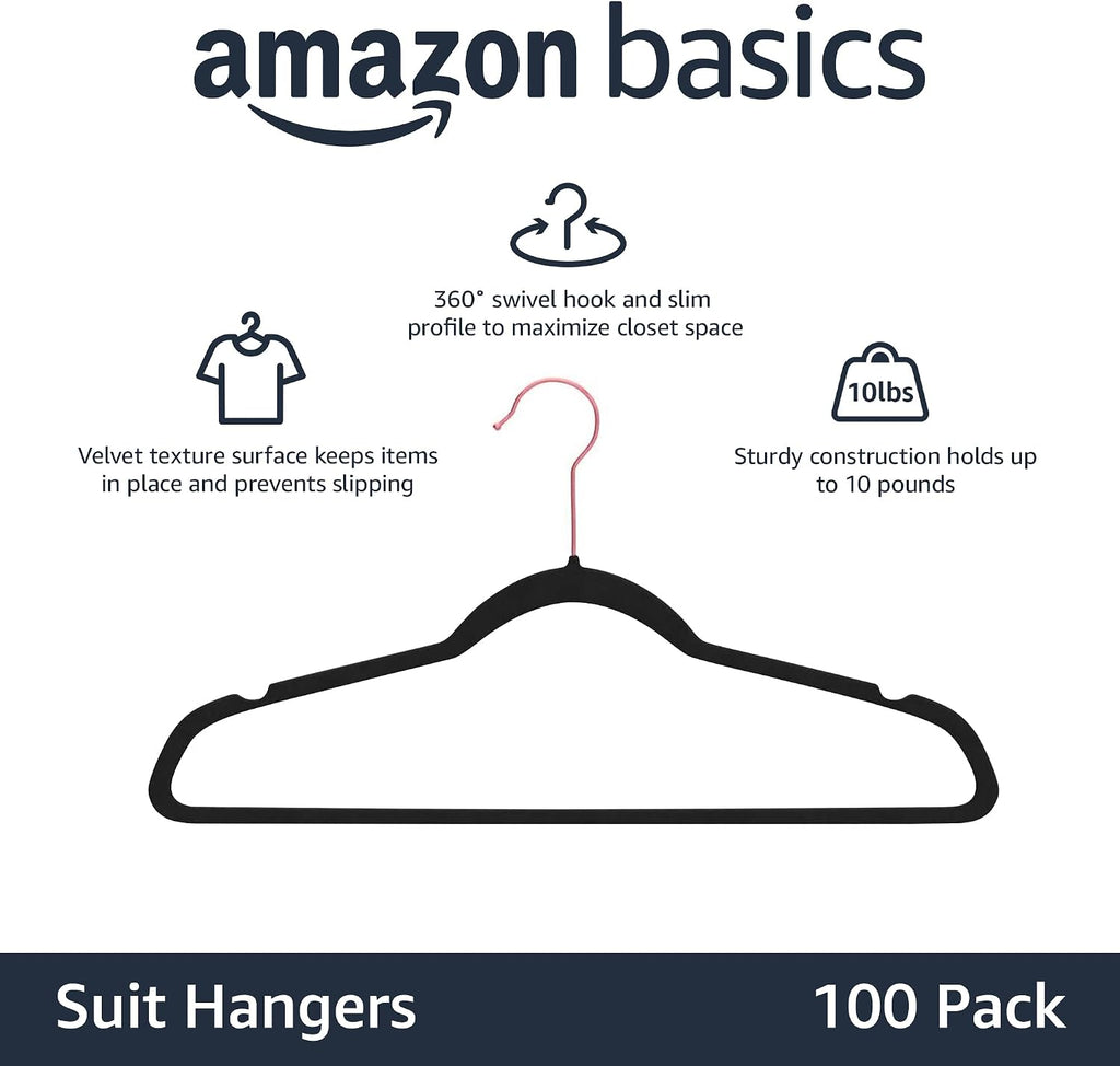 Slim Velvet Non-Slip Space Saving Suit Clothes Hangers, Closet Organizer, Black/Rose Gold, 100-Pack