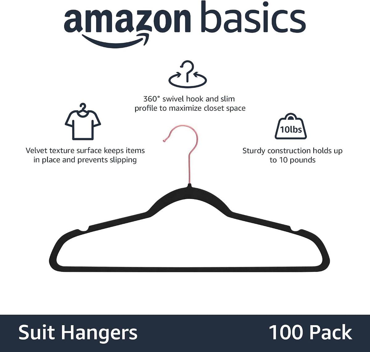 Slim Velvet Non-Slip Space Saving Suit Clothes Hangers, Closet Organizer, Black/Rose Gold, 100-Pack