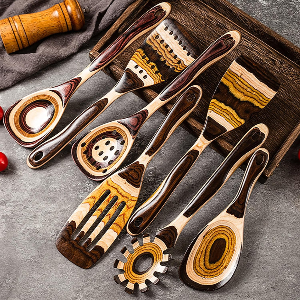 7-Piece Brown Pakkawood Utensils Set – Sturdy, Eco-Friendly, Wooden Spoons for Cooking, Wooden Utensil for Cooking, Wooden Kitchen Tool, Home & Kitchen Gifts for Men and Women