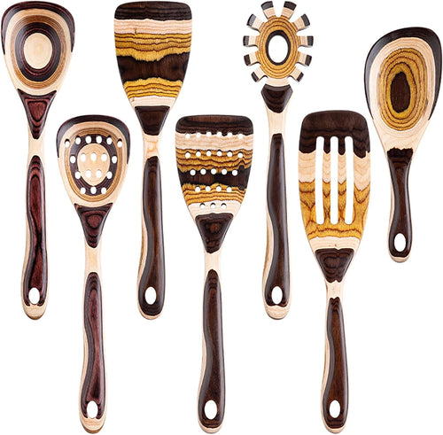 7-Piece Brown Pakkawood Utensils Set – Sturdy, Eco-Friendly, Wooden Spoons for Cooking, Wooden Utensil for Cooking, Wooden Kitchen Tool, Home & Kitchen Gifts for Men and Women
