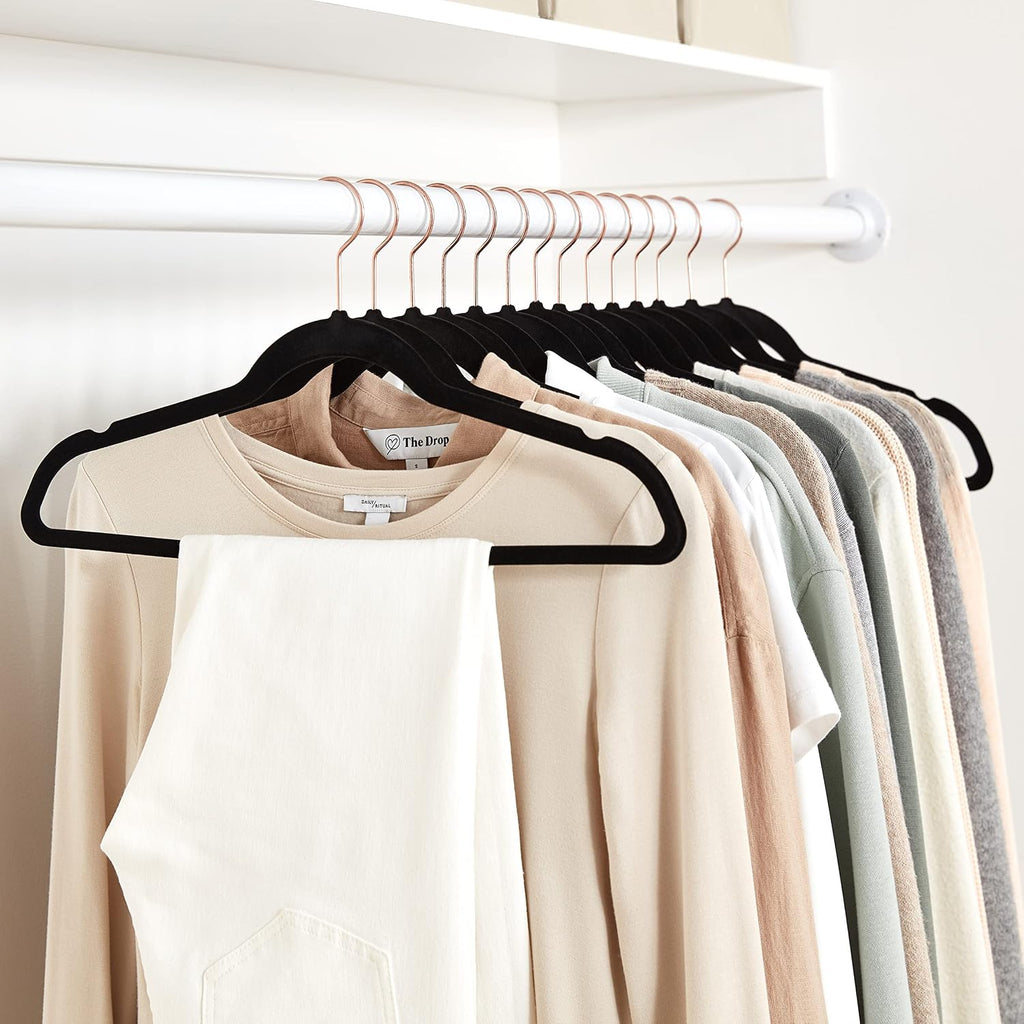 Slim Velvet Non-Slip Space Saving Suit Clothes Hangers, Closet Organizer, Black/Rose Gold, 100-Pack
