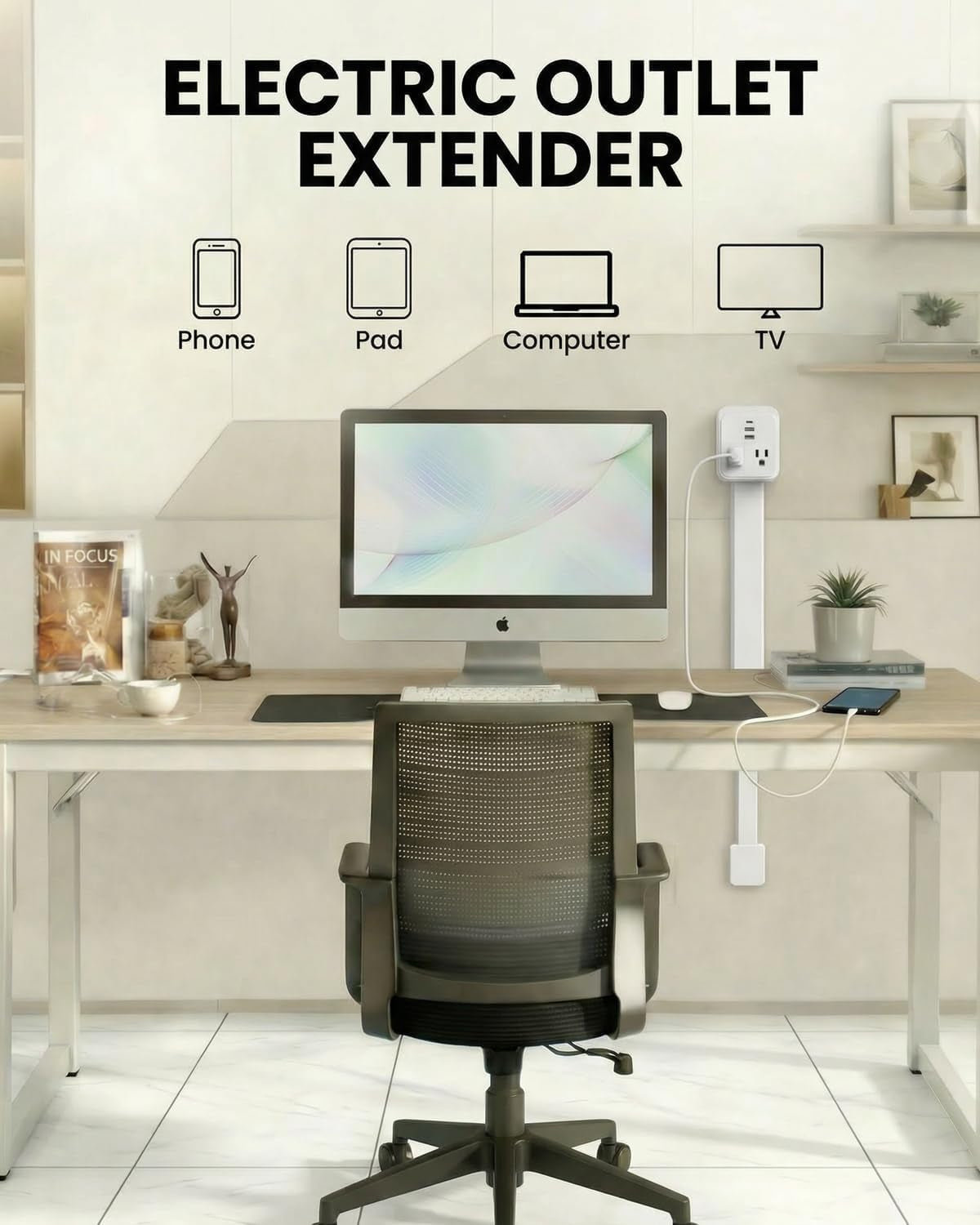 Outlet Extender Stick 17.2''–25.8'' Adjustable with USB C & 2 USB Ports, Electrical Outlet Extender with 2 AC Outlets, Flexible Rotat Plug for Multi-Angle Use in Home, Office, RV Tight Spaces