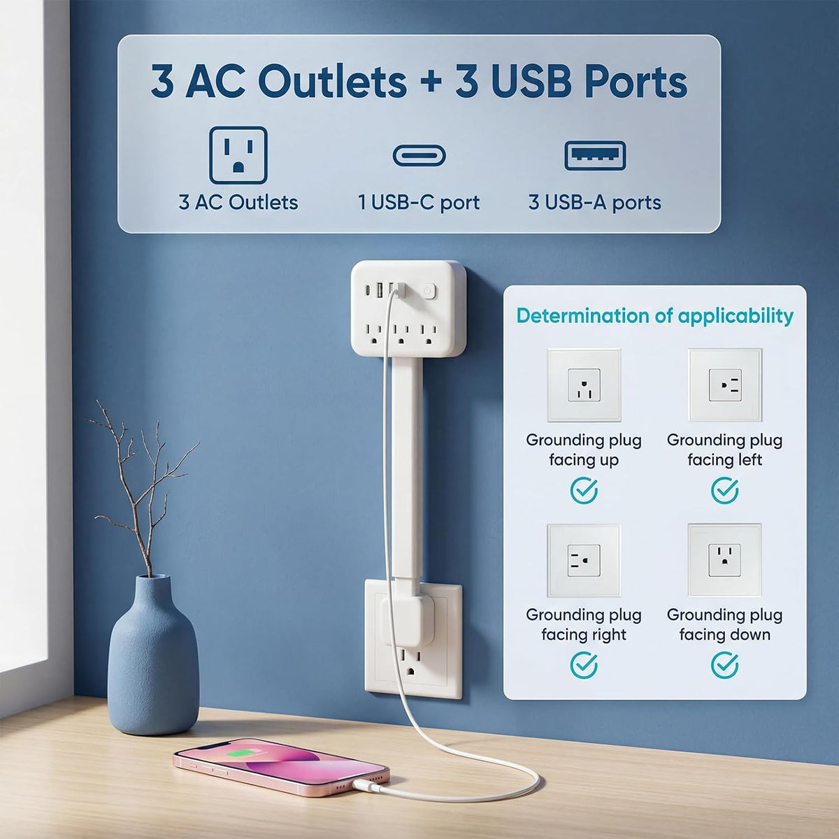 Outlet Extender Stick, 17.5-25.6In, 3 AC Outlets, USB-C, 180° Rotating Plug