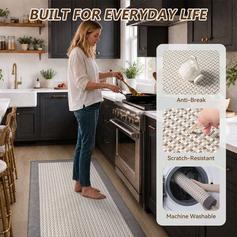 Kitchen Rugs and Mats Set 20"X32" and 20"X71" Non-Slip Washable Kitchen Floor Mats, Farmhouse Runner and Small Rug for Kitchen Hallway Laundry Room Decor in Gray Brown
