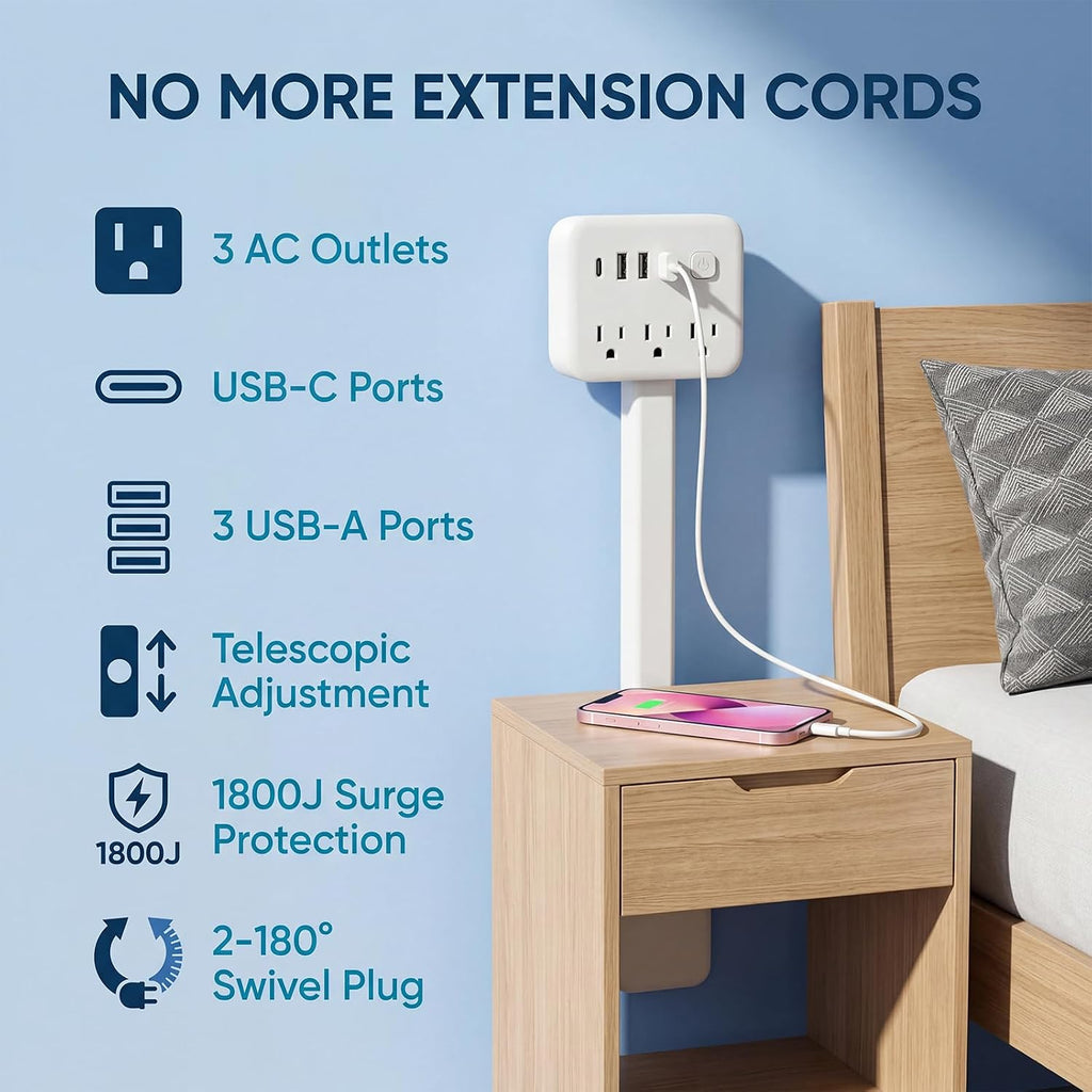 Outlet Extender Stick, 17.5-25.6In, 3 AC Outlets, USB-C, 180° Rotating Plug