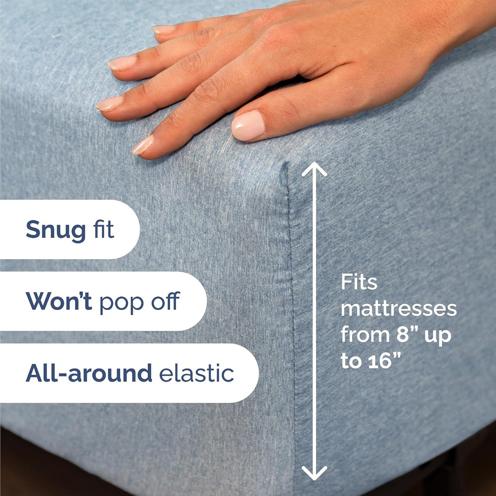 Queen Size 4 Piece Sheet Set - Breathable & Cooling Sheets - Heathered Blue