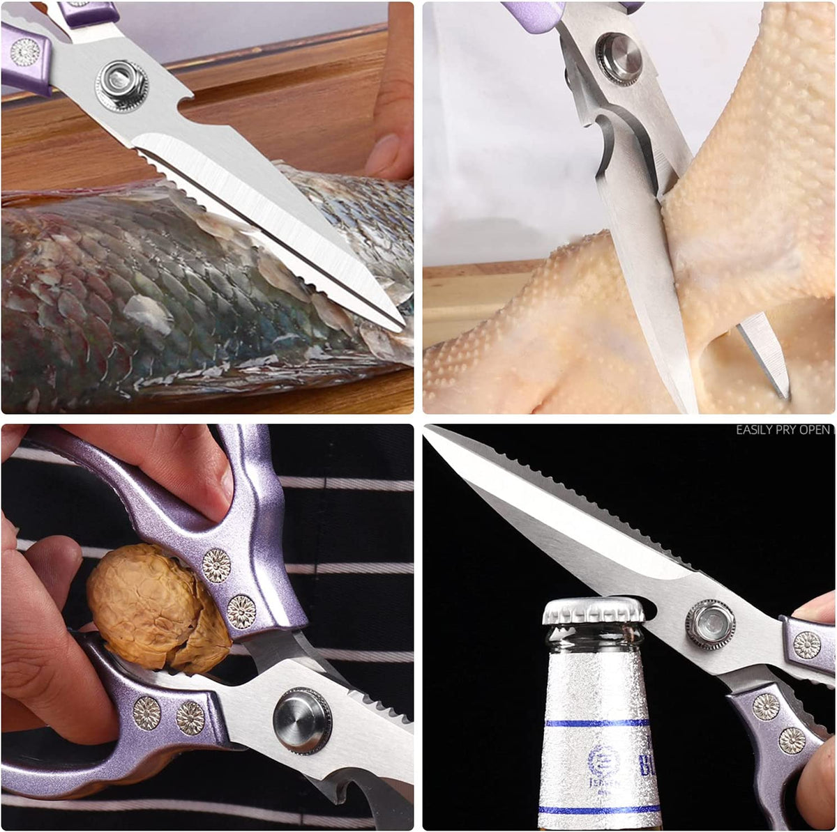 Heavy Duty Sharp Kitchen Scissors, Dishwasher Safe, Cooking Shears for Meat, Chicken, Fish, Poultry, Herb, Bread (Purple)