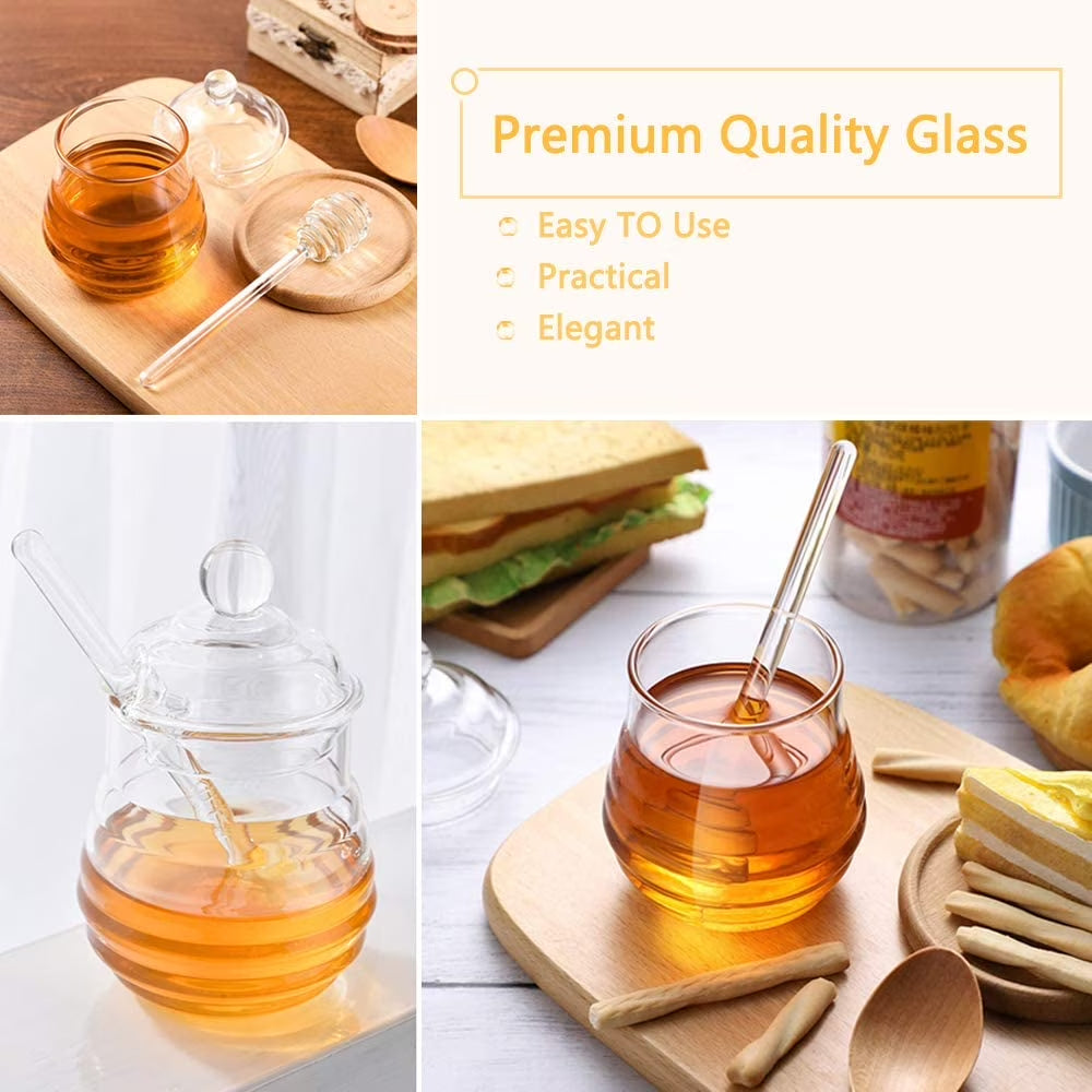 Clear Honey Jar with Dipper and Lid, 8.4 Oz Borosilicate Glass Beehive Honey Pot Container, Stylish Honey Dispenser for Home Kitchen, Store Honey, Syrup, and More