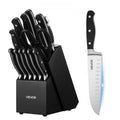 Kitchen Knife Set with Block and Sharpener, 15 Piece High Carbon Stainless Steel Sharp Knife Set, Kitchen Cutlery with Crack-Resistant Handle, Sharpening Rod and Wooden Block, for Home Cooks