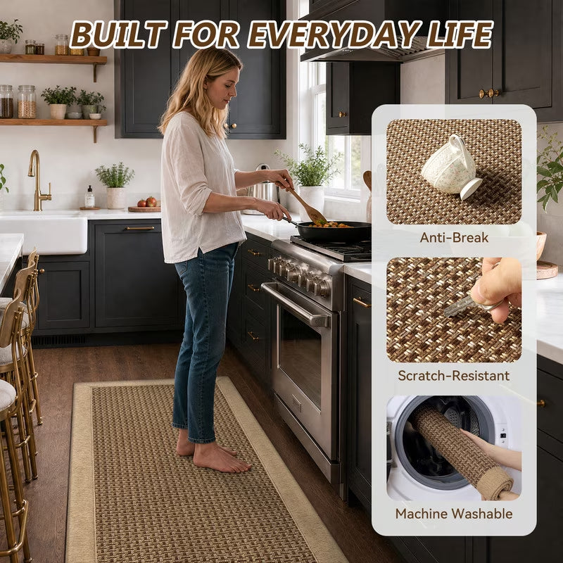 Kitchen Rugs and Mats Set 20"X32" and 20"X71" Non-Slip Washable Kitchen Floor Mats, Farmhouse Runner and Small Rug for Kitchen Hallway Laundry Room Decor in Brown Beige