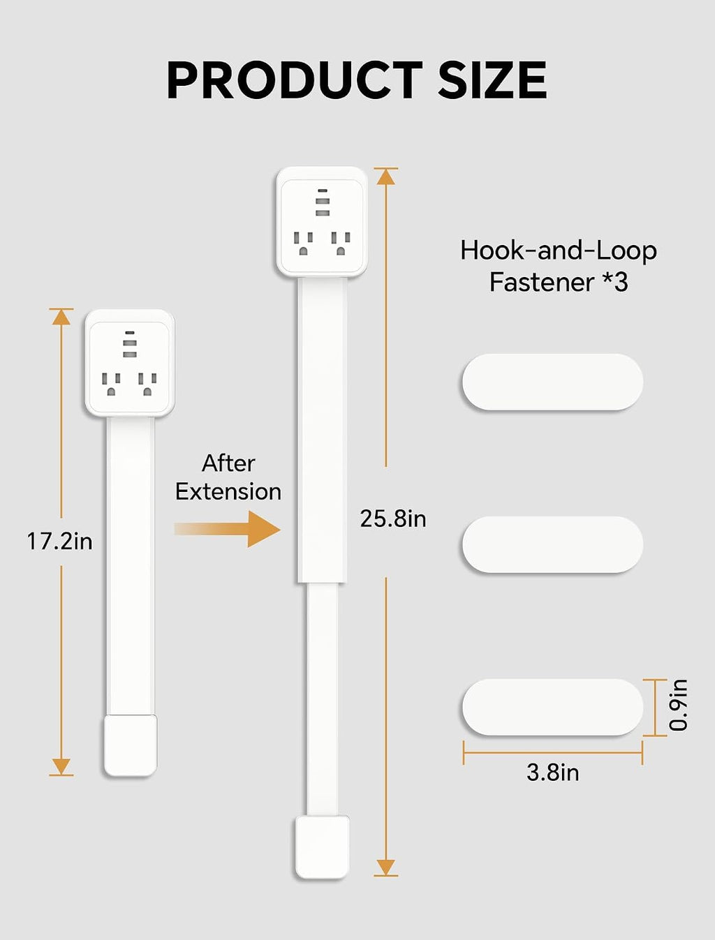 Outlet Extender Stick 17.2''–25.8'' Adjustable with USB C & 2 USB Ports, Electrical Outlet Extender with 2 AC Outlets, Flexible Rotat Plug for Multi-Angle Use in Home, Office, RV Tight Spaces