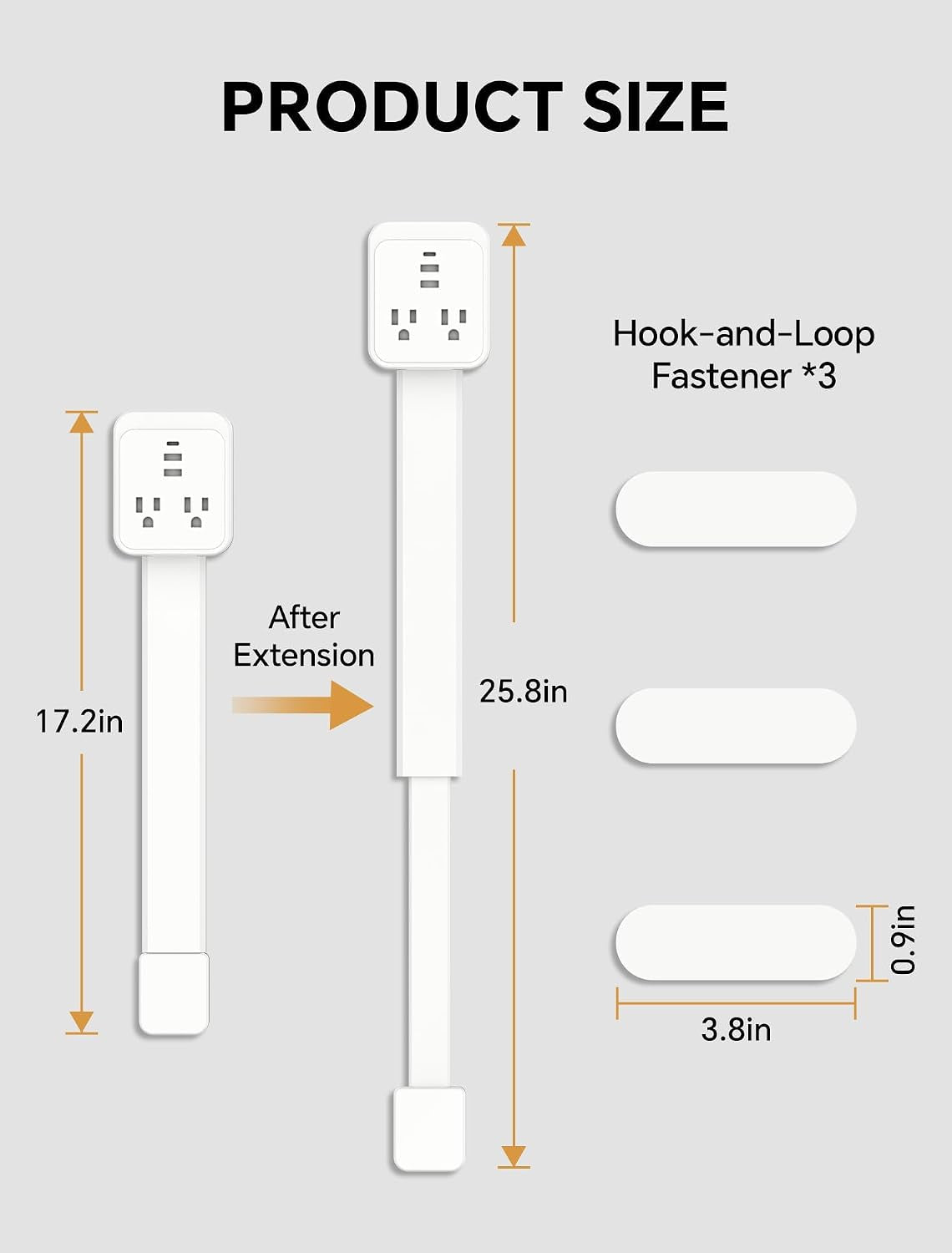 Outlet Extender Stick 17.2''–25.8'' Adjustable with USB C & 2 USB Ports, Electrical Outlet Extender with 2 AC Outlets, Flexible Rotat Plug for Multi-Angle Use in Home, Office, RV Tight Spaces