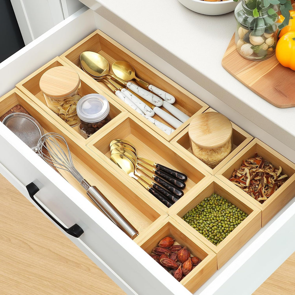 Bamboo Drawer Organizer Set, 9 PCS Wood Storage Organizers