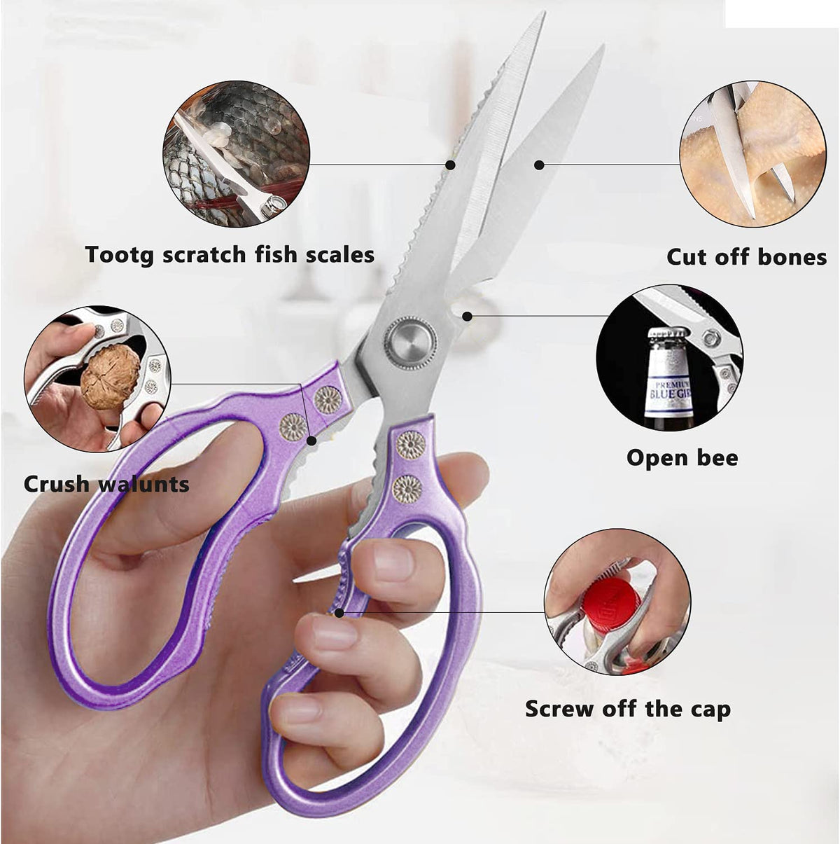 Heavy Duty Sharp Kitchen Scissors, Dishwasher Safe, Cooking Shears for Meat, Chicken, Fish, Poultry, Herb, Bread (Purple)