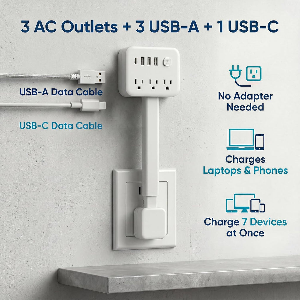 Outlet Extender Stick, 17.5-25.6In, 3 AC Outlets, USB-C, 180° Rotating Plug