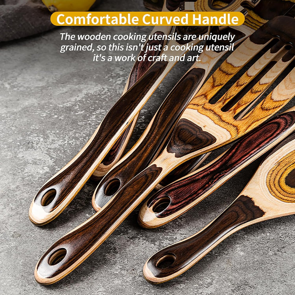 7-Piece Brown Pakkawood Utensils Set – Sturdy, Eco-Friendly, Wooden Spoons for Cooking, Wooden Utensil for Cooking, Wooden Kitchen Tool, Home & Kitchen Gifts for Men and Women