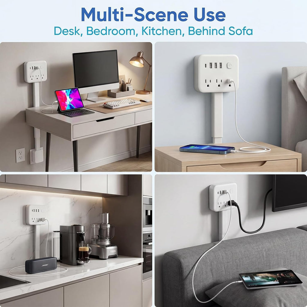 Outlet Extender Stick, 17.5-25.6In, 3 AC Outlets, USB-C, 180° Rotating Plug