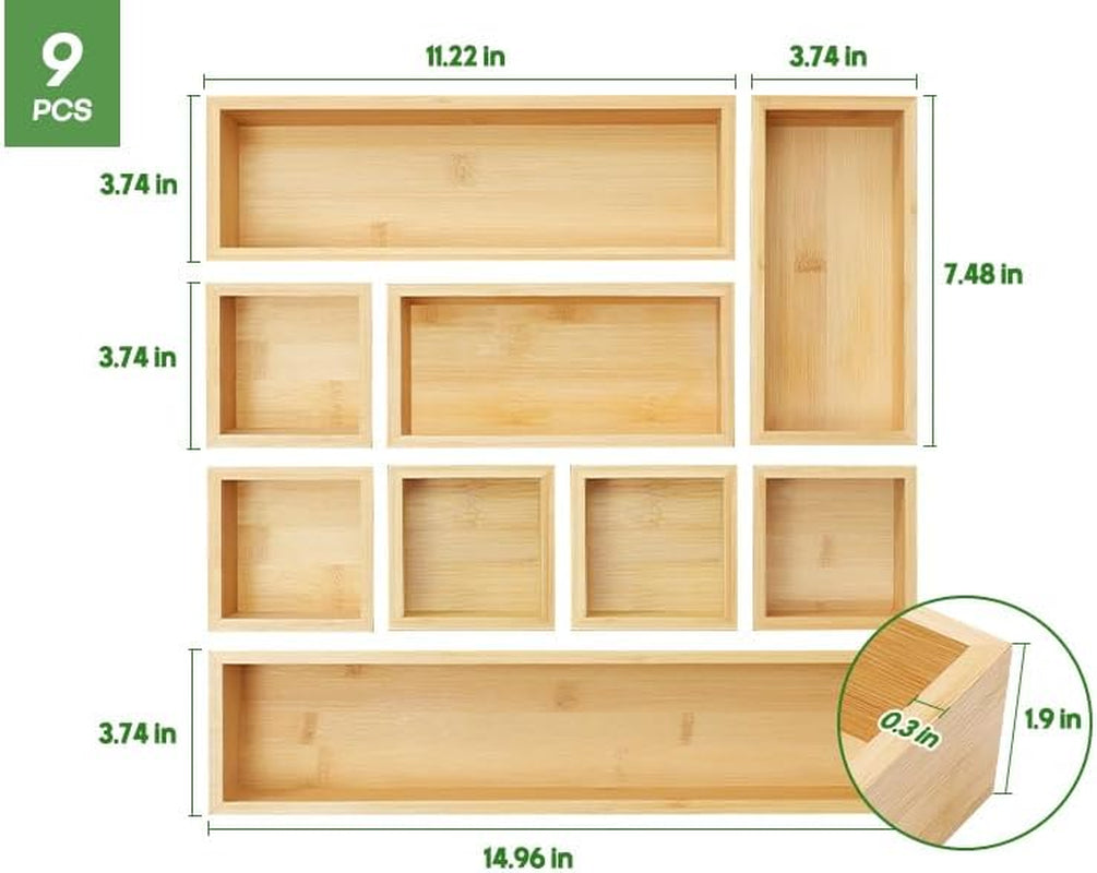 Bamboo Drawer Organizer Set, 9 PCS Wood Storage Organizers