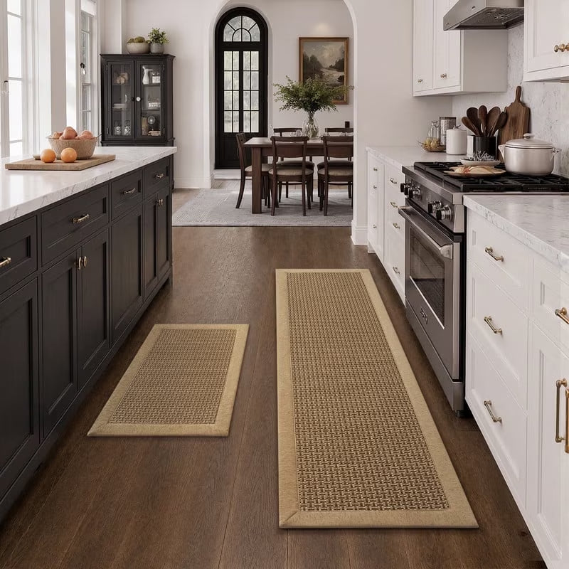 Kitchen Rugs and Mats Set 20"X32" and 20"X71" Non-Slip Washable Kitchen Floor Mats, Farmhouse Runner and Small Rug for Kitchen Hallway Laundry Room Decor in Brown Beige