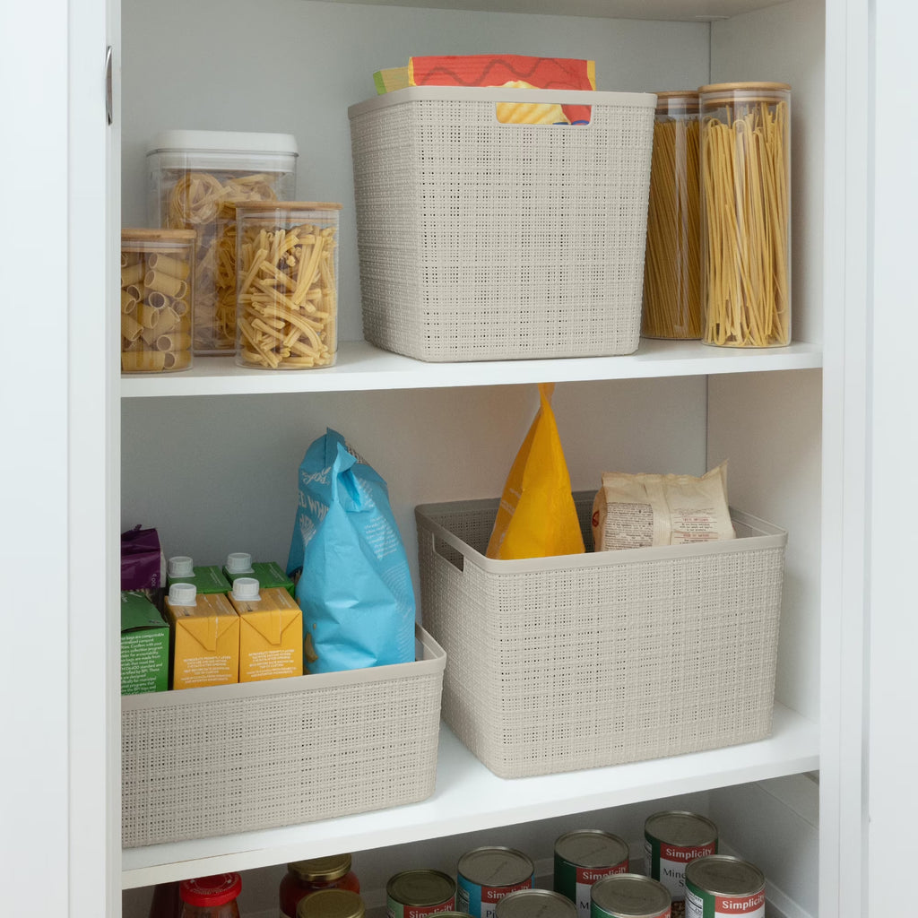 Jute Medium Beige Plastic Storage Basket, 14 in X 10.7 in X 5.7 In