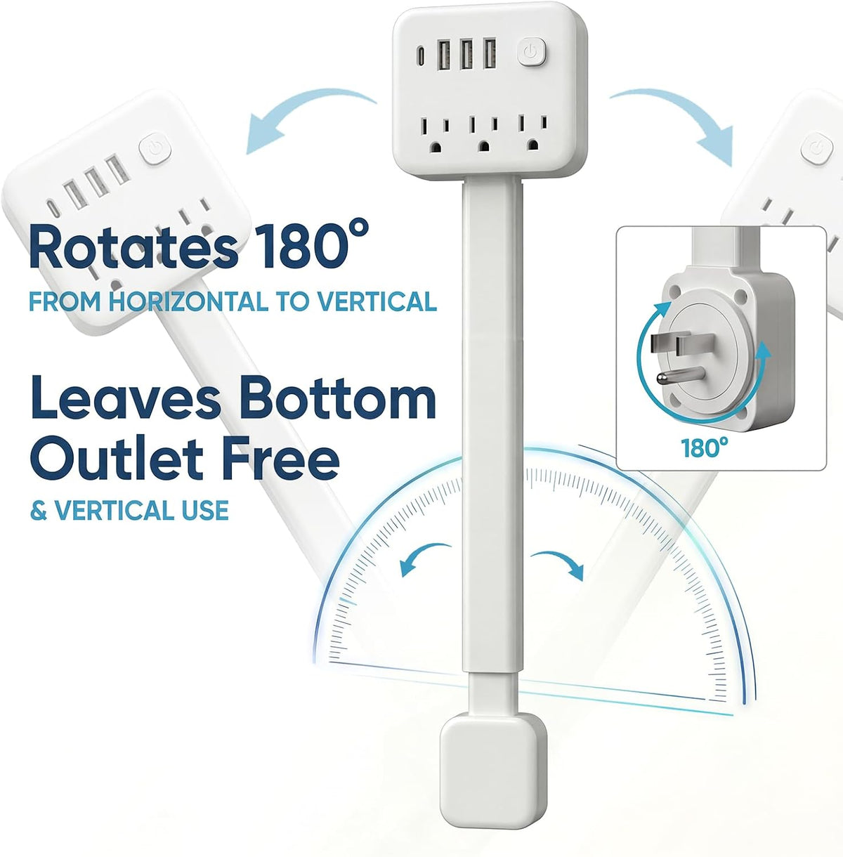 Outlet Extender Stick, 17.5-25.6In, 3 AC Outlets, USB-C, 180° Rotating Plug