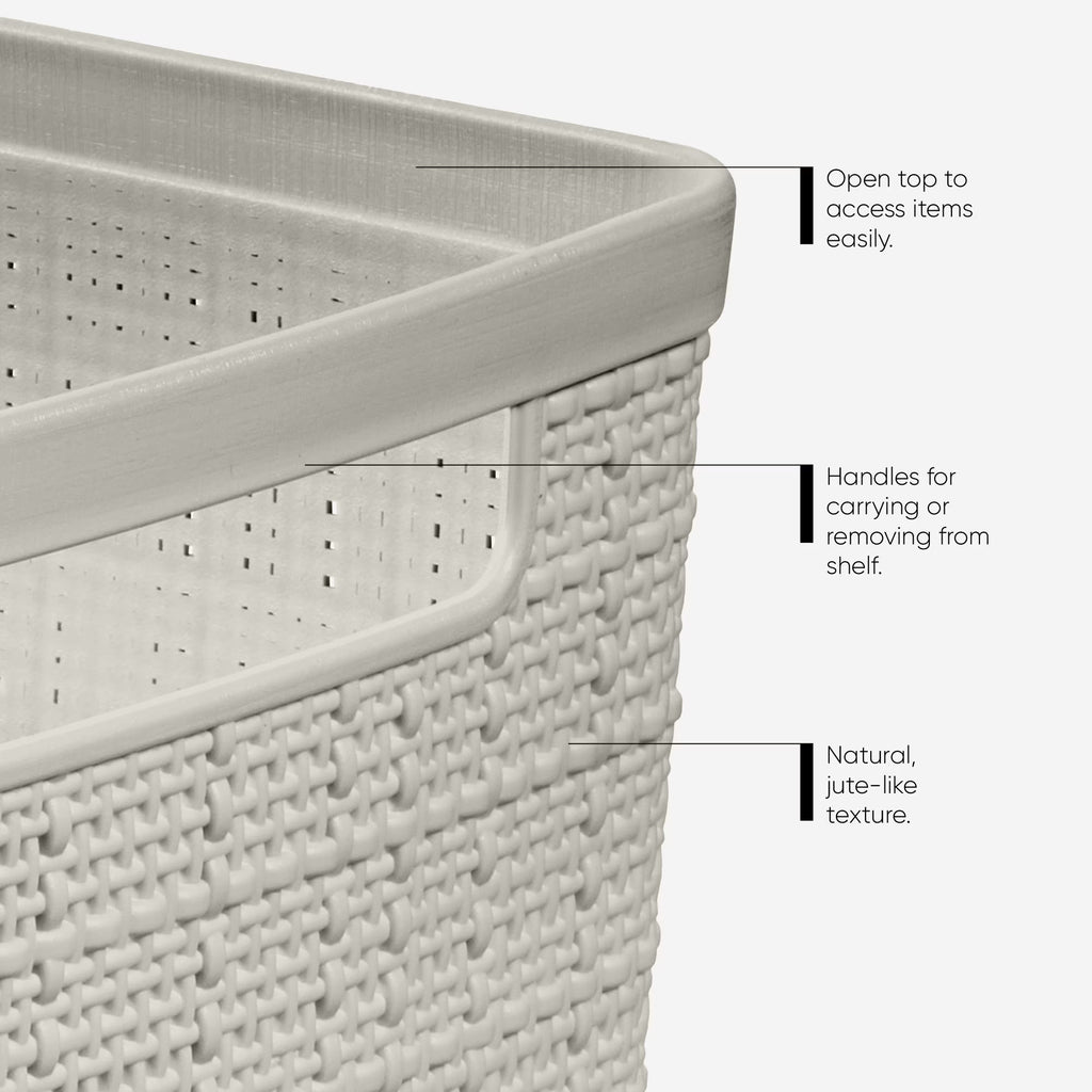 Jute Medium Beige Plastic Storage Basket, 14 in X 10.7 in X 5.7 In