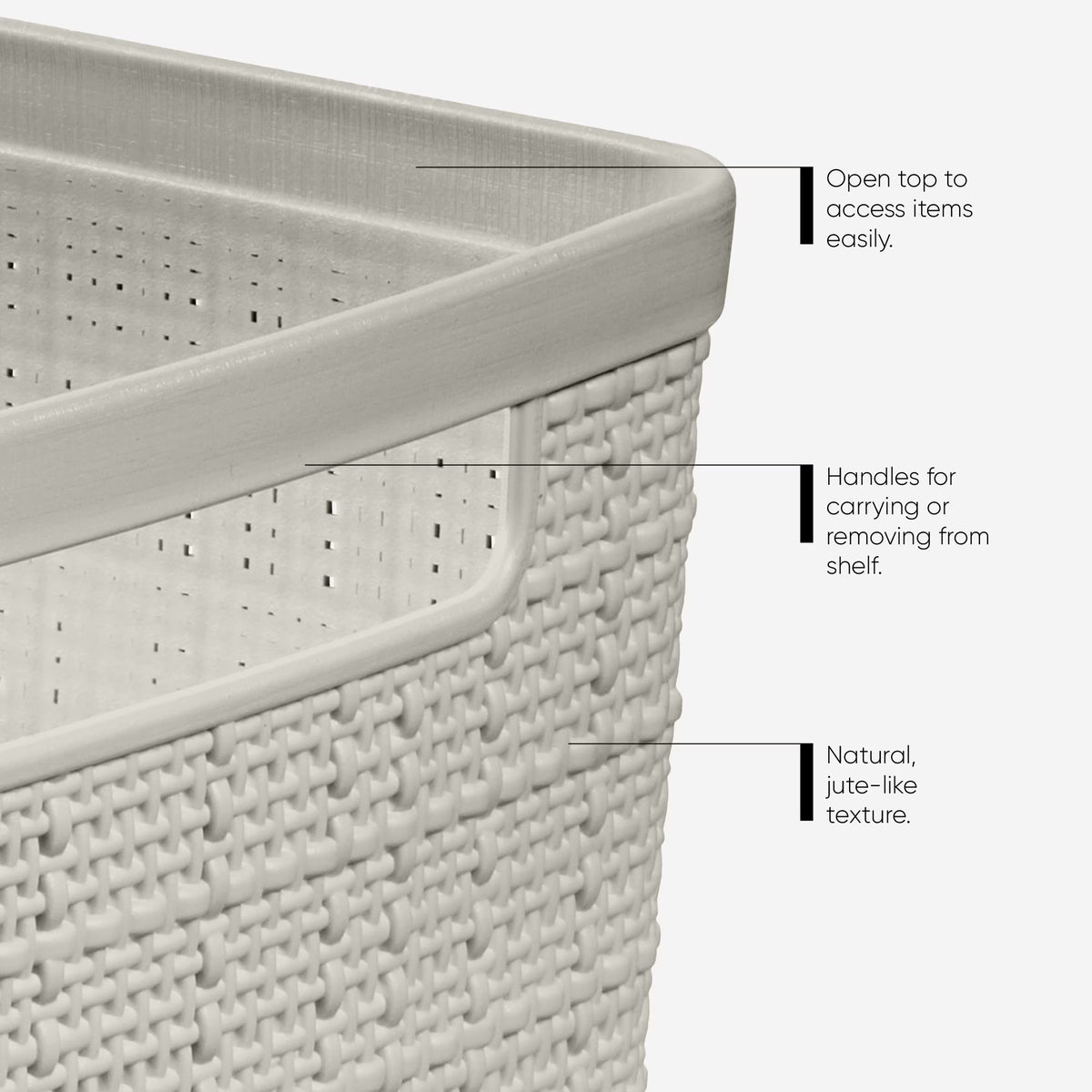 Jute Medium Beige Plastic Storage Basket, 14 in X 10.7 in X 5.7 In